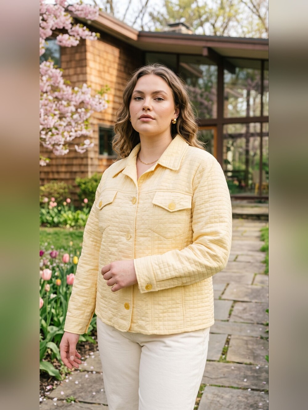 Quilted Light Yellow Utility Jacket with Front Pockets VTG